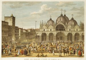 A entrada dos franceses em Veneza e o roubo dos cavalos de San Marco, em Floreal, Ano 5 (maio de 1797) gravado por Jean Duplessi-Bertaux (1747-1819) (aquatint)